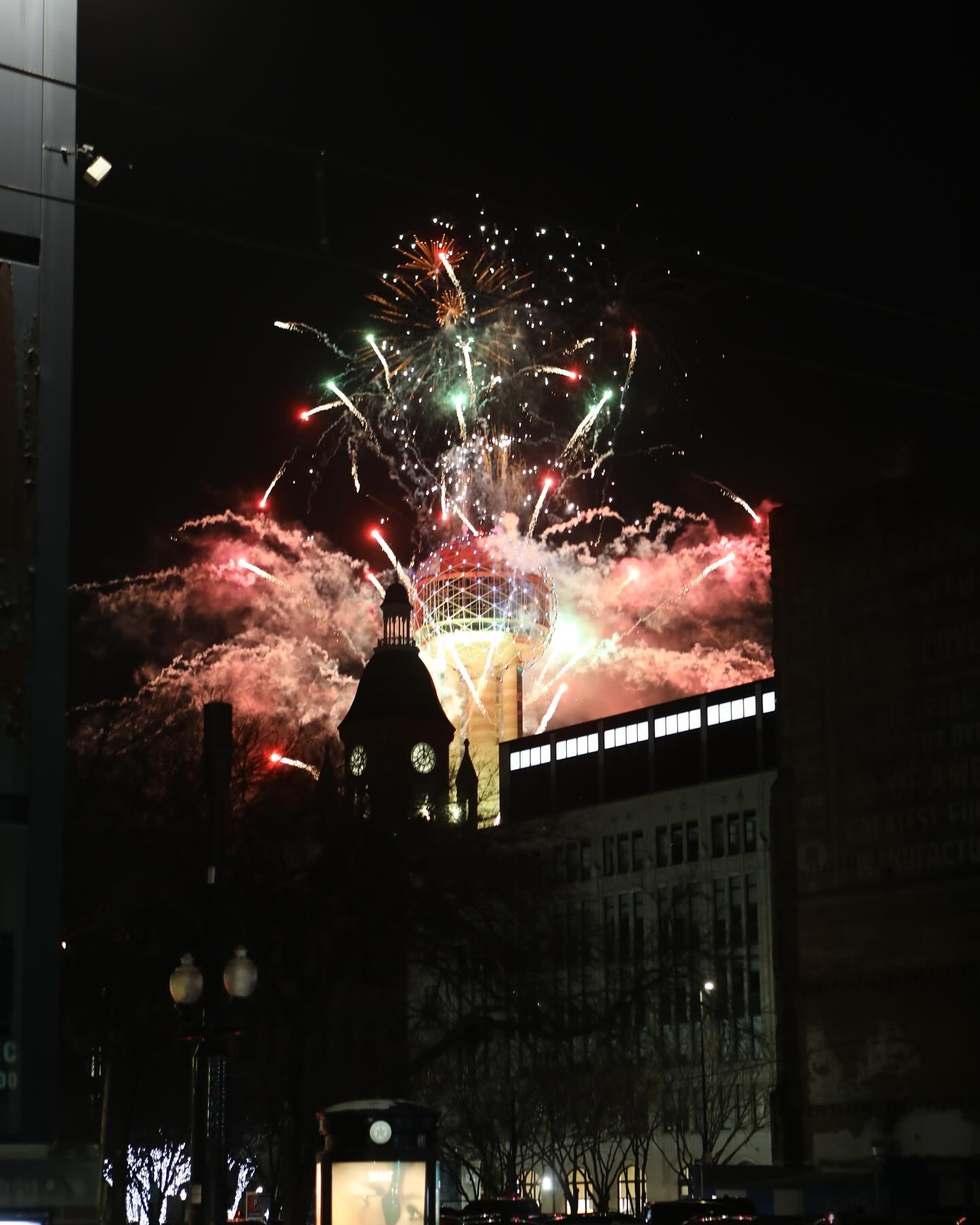 Fireworks over Reunion Tower during a downtown event
